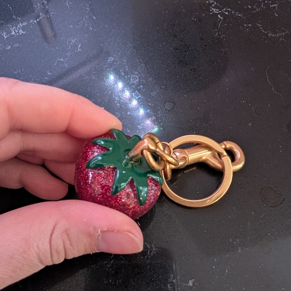 Strawberry Sparkle Bag Charm  Keychain with Gold Accents & Leaf - Picture 2 of 3